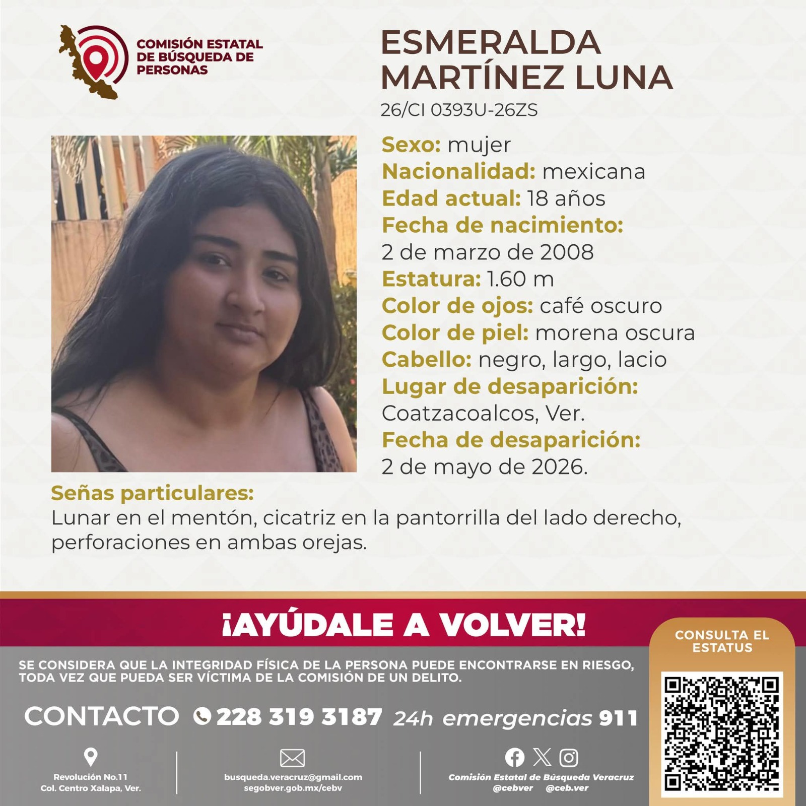 BUSCAN A ESMERALDA, DESAPARECIÓ HACE DOS DÍAS EN COATZACOALCOS