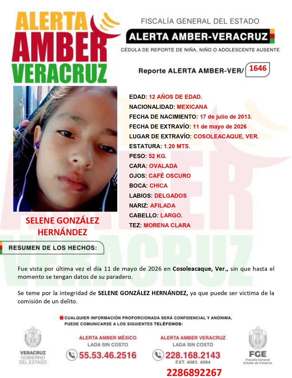 LANZAN ALERTA AMBER POR DESAPARICIÓN DE MENOR EN COSOLEACAQUE